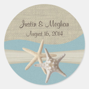 Starfish & Burlap Ocean Sky Blue Runder Aufkleber