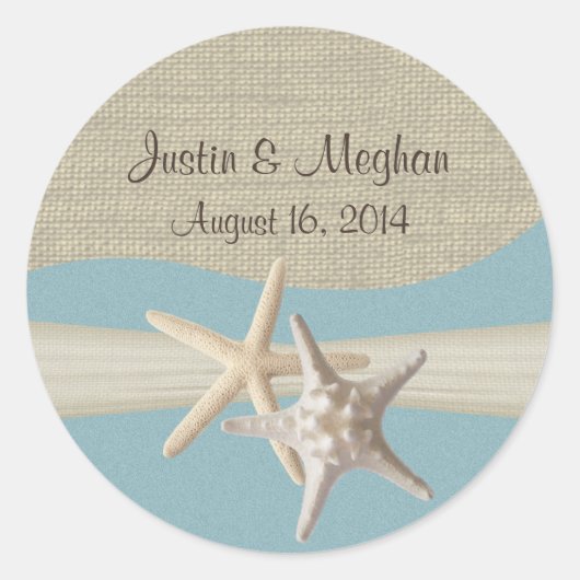 Starfish & Burlap Ocean Sky Blue Runder Aufkleber (Vorderseite)