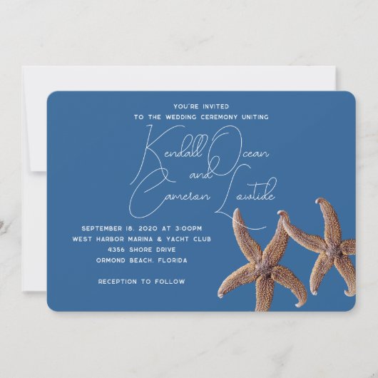 Starfish Couple Marine Blue Zeremonie Einladung (Vorderseite)