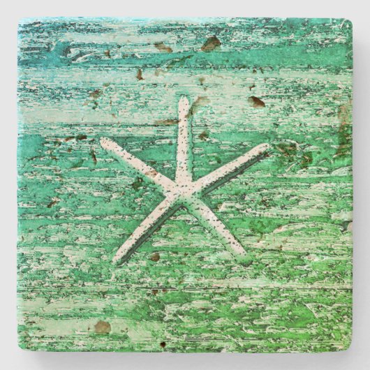 Starfish Driftwood Rustic Nautic Blue Green Steinuntersetzer (Vorderseite)
