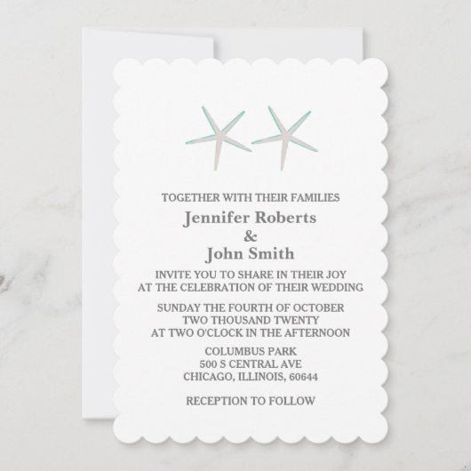 Starfish Elegant Aquamarine Hochzeit in Grau Einladung (Vorderseite)