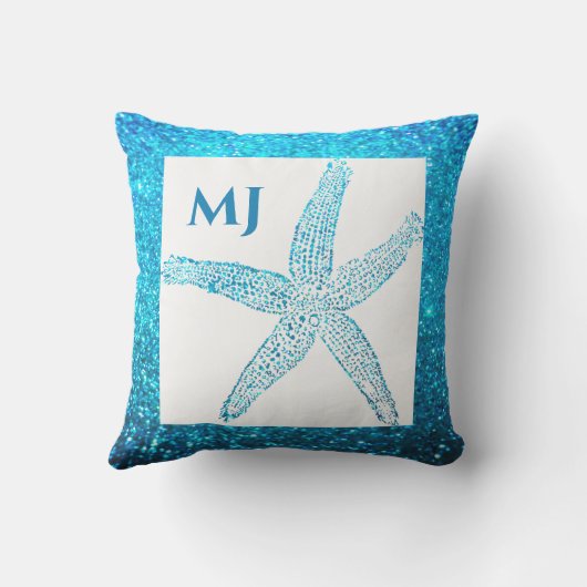 Starfish Glittery Aquamarin Blue Monogram Initials Kissen (Rückseite)