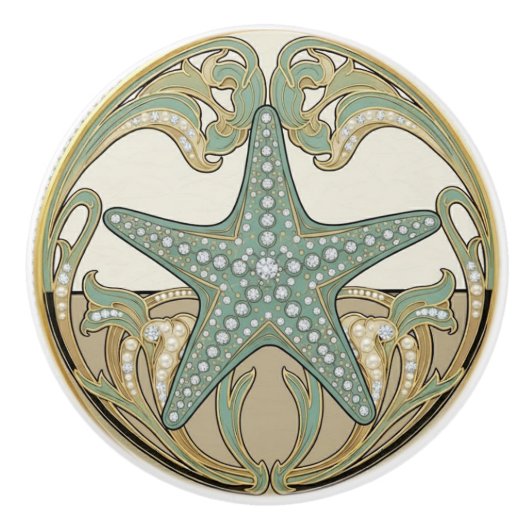 Starfish Green Cream & Gold Art Deco Nouveau Keramikknauf (Vorderseite)