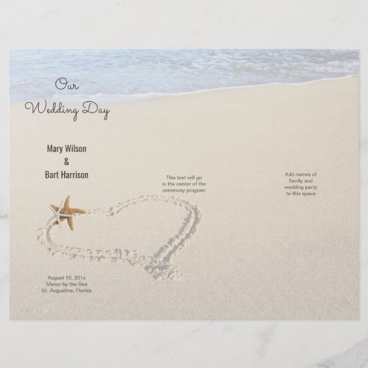 Starfish Herz in Sand Beach Hochzeitsprogramm (Vorderseite)