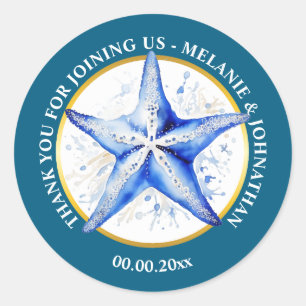 Starfish Hochzeitsblau, weißes Thema rund um den S Runder Aufkleber