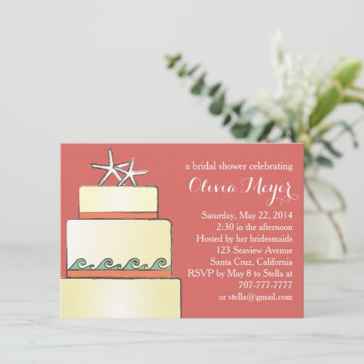 Starfish Hochzeitskuchen Brautparty Einladung (Stehend Vorderseite)