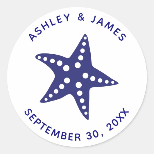 Starfish Hochzeitsticker, Navy Blue Beach Thema Runder Aufkleber (Vorderseite)