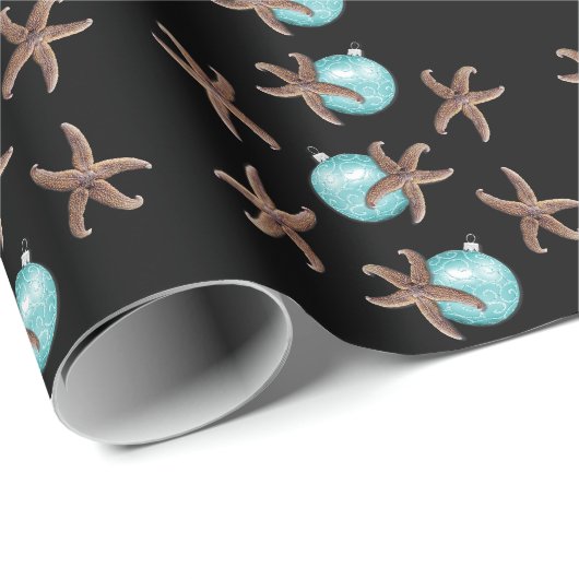 Starfish in Aqua Ornaments Schwarzes Weihnachtsfes Geschenkpapier (Rolleneckpunkt)