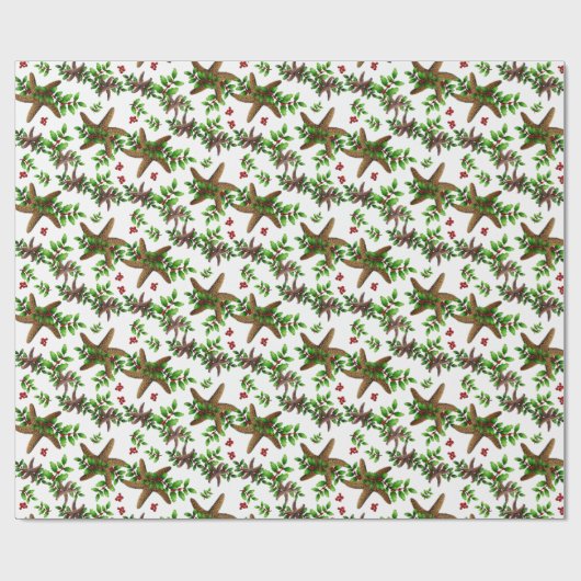 Starfish in Holly Tropical Christmas Pattern White Geschenkpapier (Flach)