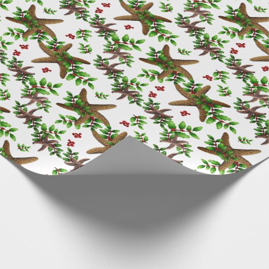 Starfish in Holly Tropical Christmas Pattern White Geschenkpapier (Ecke)