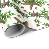 Starfish in Holly Tropical Christmas Pattern White Geschenkpapier (Rolleneckpunkt)