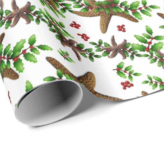 Starfish in Holly Tropical Christmas Pattern White Geschenkpapier (Rolleneckpunkt)