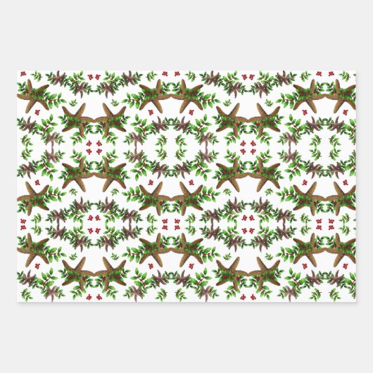 Starfish in Holly Tropical Christmas Pattern White Geschenkpapier Set (Vorderseite 2)