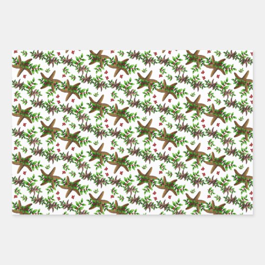 Starfish in Holly Tropical Christmas Pattern White Geschenkpapier Set (Vorderseite)