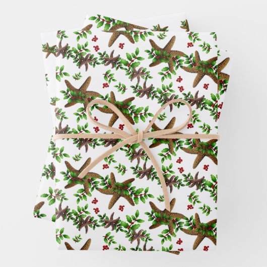 Starfish in Holly Tropical Christmas Pattern White Geschenkpapier Set (Beispiel)