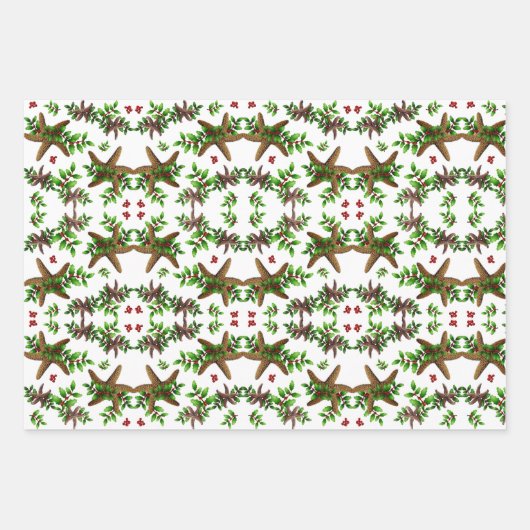 Starfish in Holly Tropical Christmas Pattern White Geschenkpapier Set (Vorderseite 2)