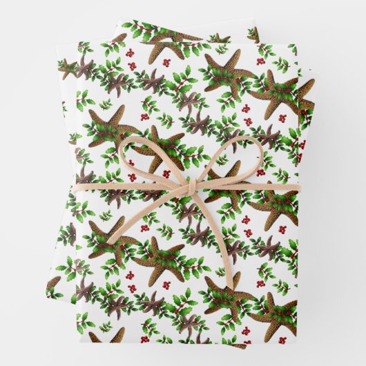 Starfish in Holly Tropical Christmas Pattern White Geschenkpapier Set (Beispiel)