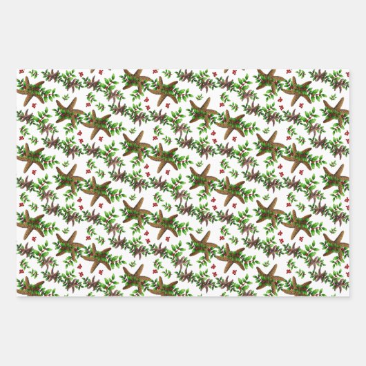 Starfish in Holly Tropical Christmas Pattern White Geschenkpapier Set (Vorderseite)