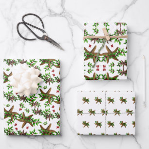 Starfish in Holly Tropical Christmas Pattern White Geschenkpapier Set