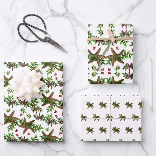 Starfish in Holly Tropical Christmas Pattern White Geschenkpapier Set (Vorderseite)