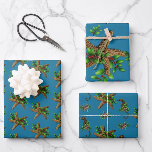 Starfish in Holsea Blue Beach Weihnachten Geschenkpapier Set (Vorderseite)