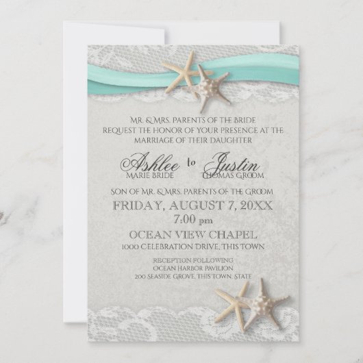 Starfish Lace Gray and Aqua Wedding Einladung (Vorderseite)