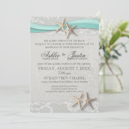 Starfish Lace Gray and Aqua Wedding Einladung (Stehend Vorderseite)