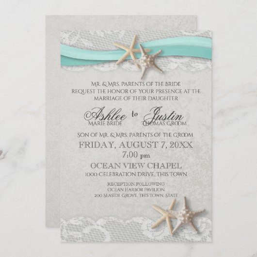 Starfish Lace Gray and Aqua Wedding Einladung (Vorne/Hinten)