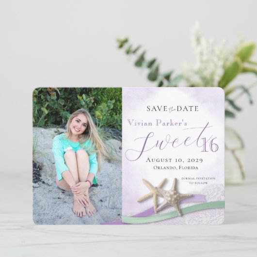 Starfish Lace Sweet 16 Save the Date with Photo (Stehend Vorderseite)