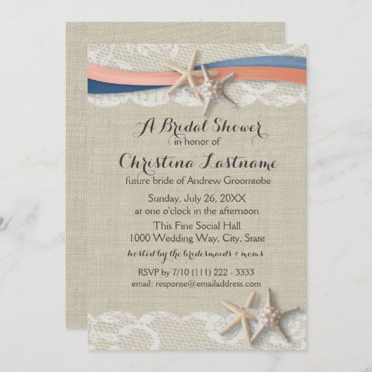 Starfish mit Brautparty Navy und Korallenband Einladung (Vorne/Hinten)