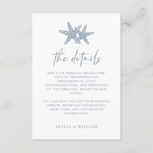 Starfish Modern Dusty Blue Beach Hochzeitdetails Begleitkarte (Vorderseite)