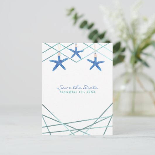 Starfish & Modern Line Eleganter Strand Save the D Ankündigungspostkarte (Stehend Vorderseite)