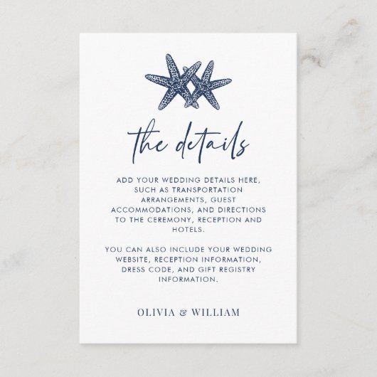 Starfish Modern Navy Blue Beach Hochzeitdetails Begleitkarte (Vorderseite)