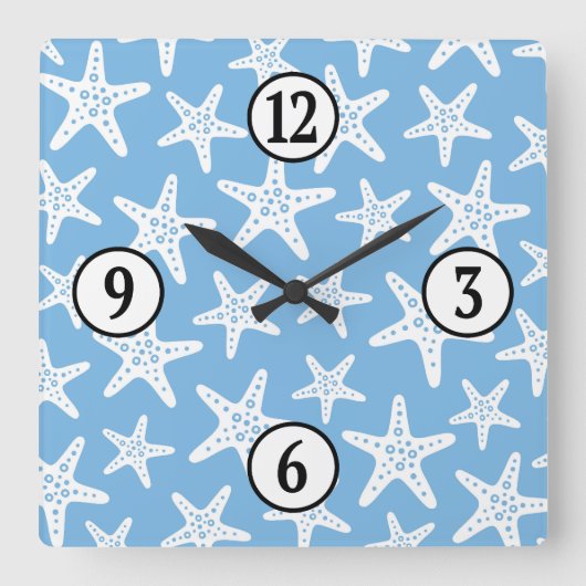Starfish Muster Blau Quadratische Wanduhr (Vorderseite)