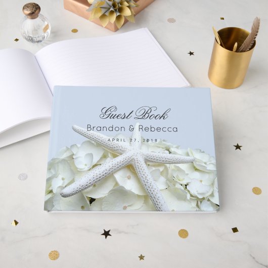 Starfish n Hydrangea Light Blue Wedding Guest Book Gästebuch (Vorderseite Offen)