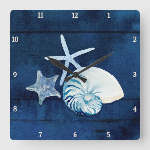 Starfish Nautilus-Meer Wasserfarben Muscheln Beach Quadratische Wanduhr