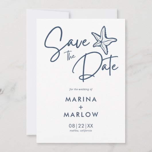 Starfish Navy & White Wave Save The Date (Vorderseite)