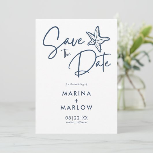 Starfish Navy & White Wave Save The Date (Stehend Vorderseite)