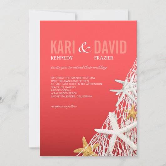 Starfish Netting Beach Hochzeit| Korallen Einladung (Vorderseite)