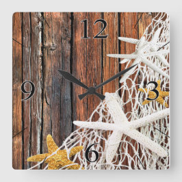 Starfish Netting Beach Wood Coastal Living | brown Quadratische Wanduhr