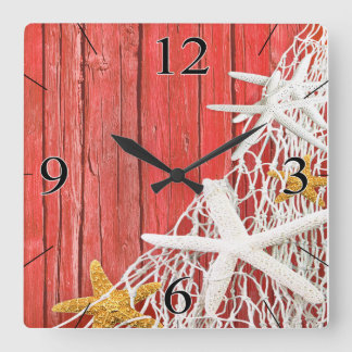 Starfish Netting Beach Wood Coastal Living | coral Quadratische Wanduhr