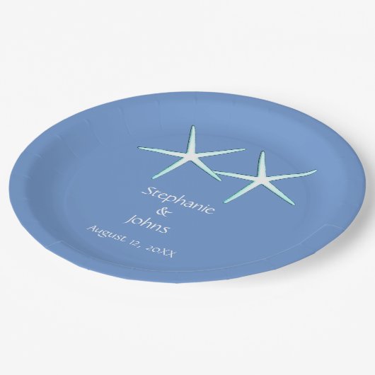 Starfish Niedlich Couple Cornflower Blue Hochzeite Pappteller (Schrägansicht)
