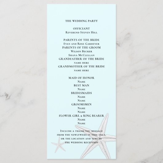 Starfish Pale Blue Tall Beach Zeremonie Programm (Rückseite)