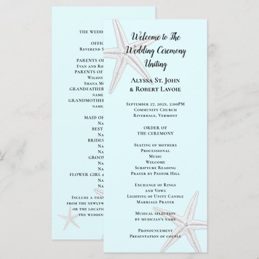 Starfish Pale Blue Tall Beach Zeremonie Programm (Vorne/Hinten)