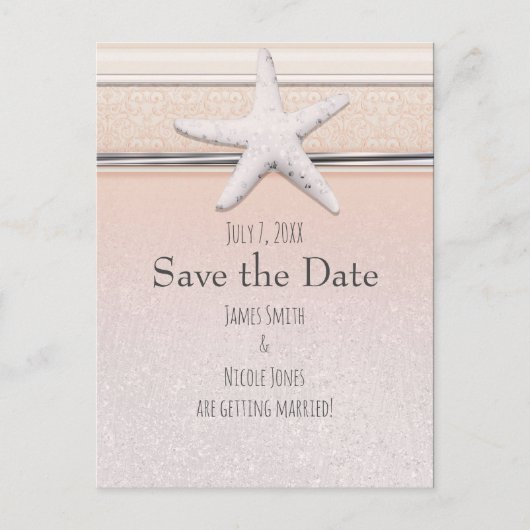 Starfish Peach & Cream Beach Hochzeit Save the Dat Ankündigungspostkarte (Vorderseite)