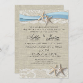 Starfish Ribbon and Lace Light Blue Wedding Einladung