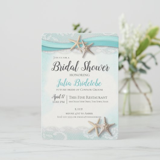 Starfish Ribbon Vintag Beach Brautparty Einladung (Stehend Vorderseite)