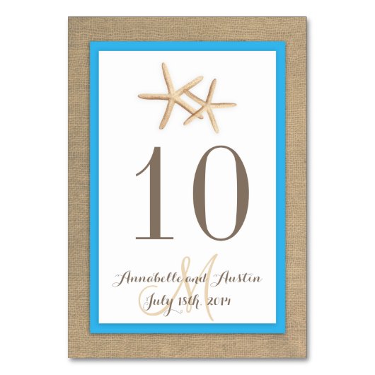 Starfish Rustic Burlap Beach Tropical Wedding Tischnummer (Rückseite)
