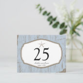 Starfish-rustikale Strand-Tischnummer Einladung (Stehend Vorderseite)