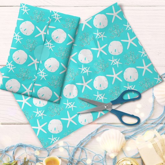 Starfish Sand Dollar Christmas Beach Aqua Blue Seidenpapier